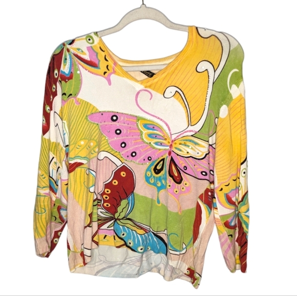 Y2K Vintage Elizabeth New York Sequin Butterfly Floral Nature Sweater Womans XL - Picture 1 of 11
